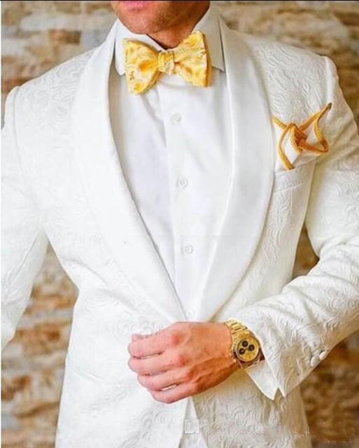 

Classic Design White Paisley Groom Tuxedos Groomsmen One Button Shawl Lapel Best Man Suit Wedding Men's Blazer Suits (Jacket+Pants), Same as image
