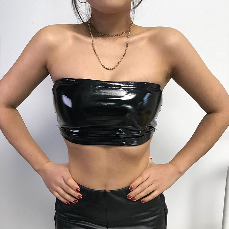 

Weekeep Sexy Tube Top Women Black PU Leather Cropped Bandeau 2018 Summer Strapless Crop Stretch Wrap Top Top Bustier Bralette
