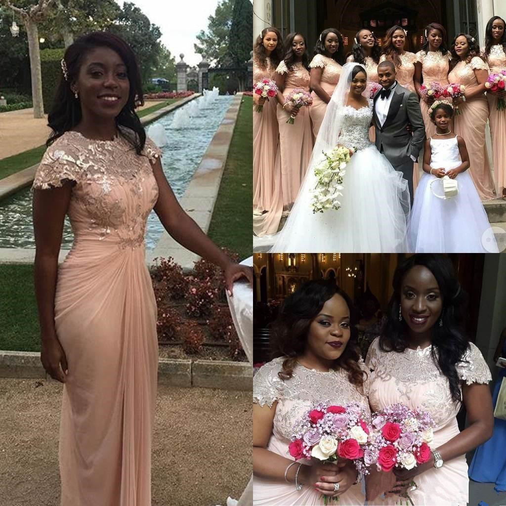 

Blush Pink Lace Chiffon Long Bridesmaid Dresses With Sleeve 2019 Jewel Neck Plus Size African Junior Wedding Guest Party Bridesmaid Gown