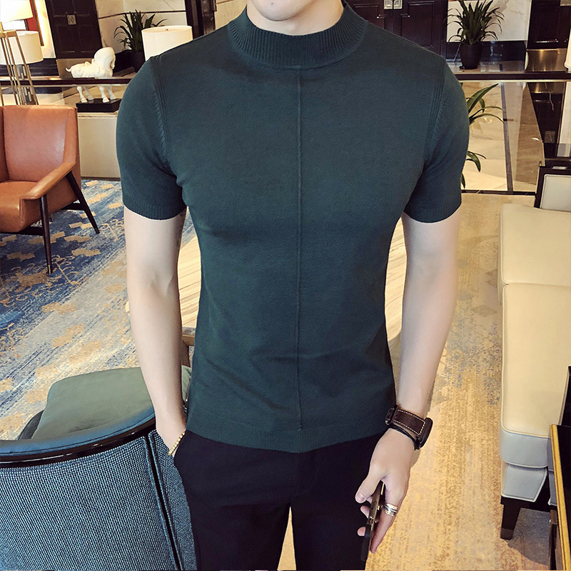 

2018 Spring Self-cultivation casual Sweater pullover men Half Sleeved Rendering Unlined Upper Garment male turtleneck, Black