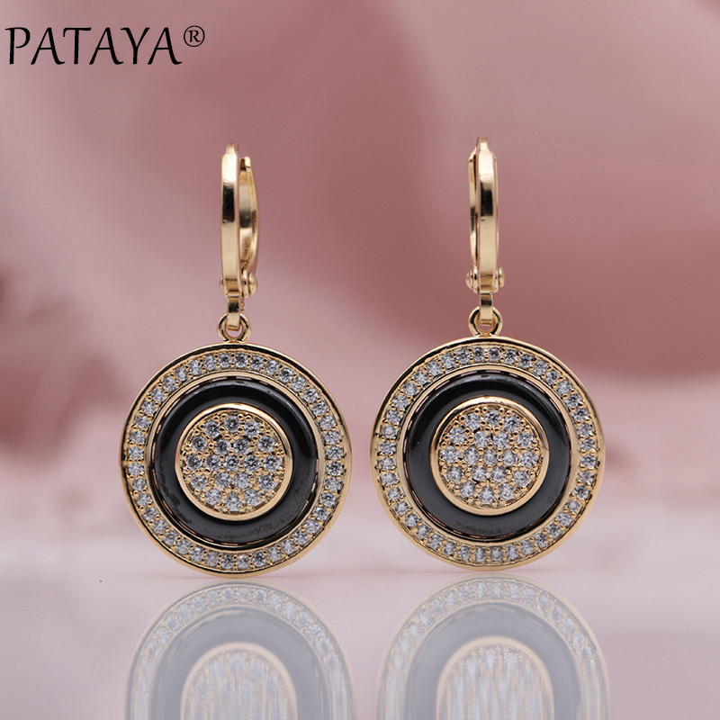 

PATAYA New Round Micro Wax Inlay Natural Zircon Black Ceramic Long Dangle Earrings 585 Rose Gold Women Wedding Fine Cute Jewelry