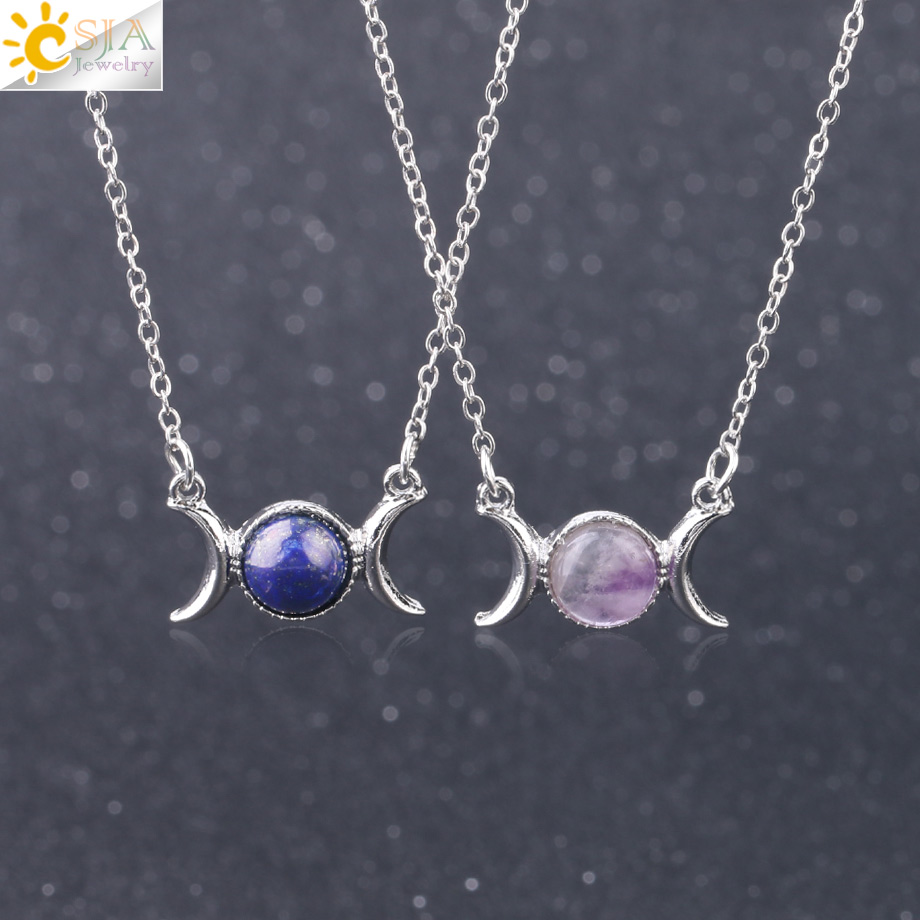 

CSJA Women Wicca Triple Moon Goddess Gems Stone Pendant Necklace Girl Healing Crystal Natural Gemstone Clavicle Necklaces Wholesale F707 A, Silver