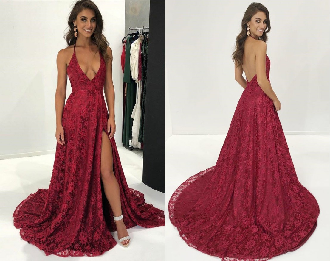 

2022 Sexy High Slit Long Lace Prom Dresses Evening Formal Gowns For Women Party Girls Open Back Halter Deep V neck Sexy Designer Cheap, Purple