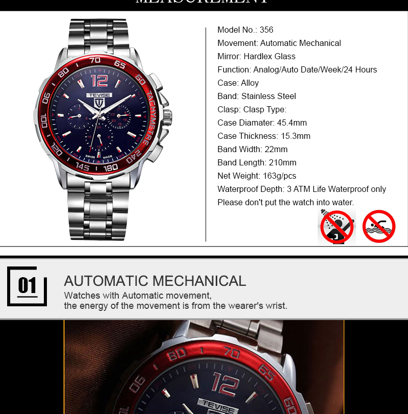 TEVISE Automatic Mechanical Watches Men Self Wind Auto Date Month Week