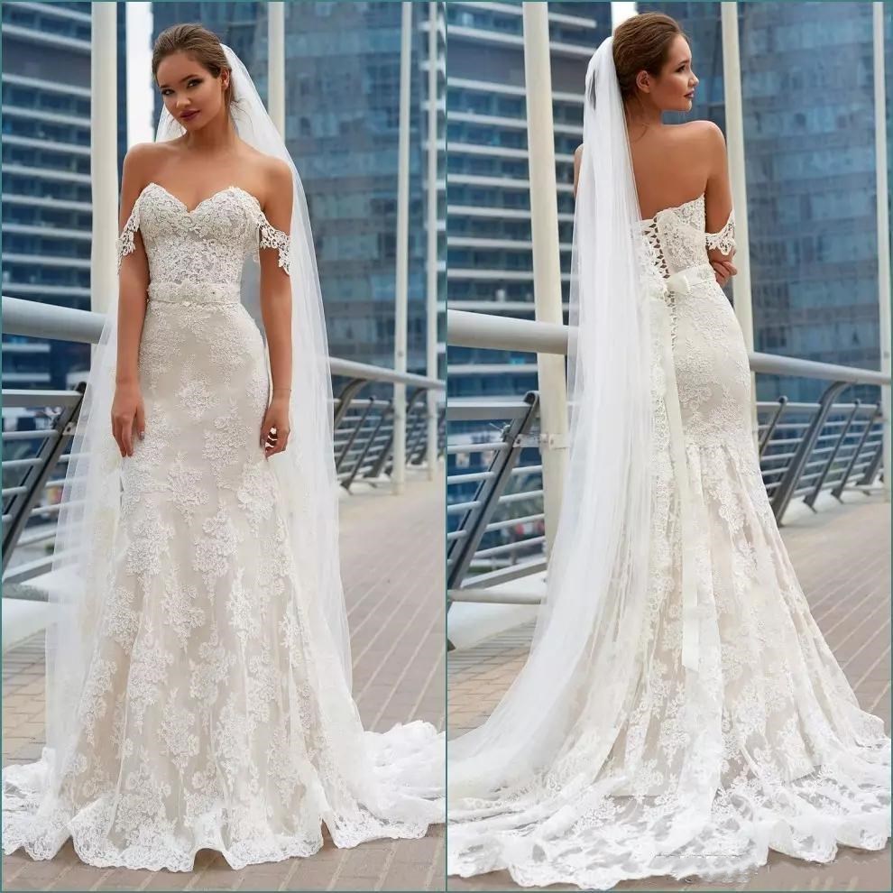 

Charming Mermaid Wedding Dresses Off Shoulder Full Applique Bridal Gowns With Sash Lace Up Floor Length Vintage Wedding Dresses, Gold
