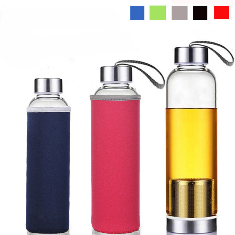 

18.5oz Glass Water Bottle Tea Infuser Bottle Bpa-Free With Nylon Sleeve with stainless steel Strainers