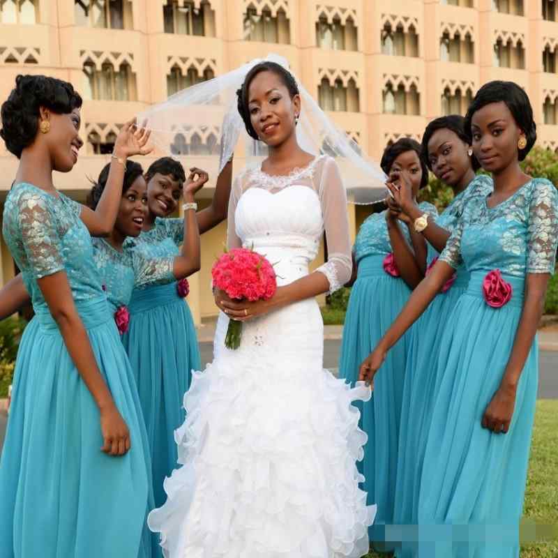 

2019 Hot South Africa Style Nigerian Bridesmaid Dresses A Line Chiffon Maid Of Honor Gowns For Weddings Sheer Short Sleeves Appliqued