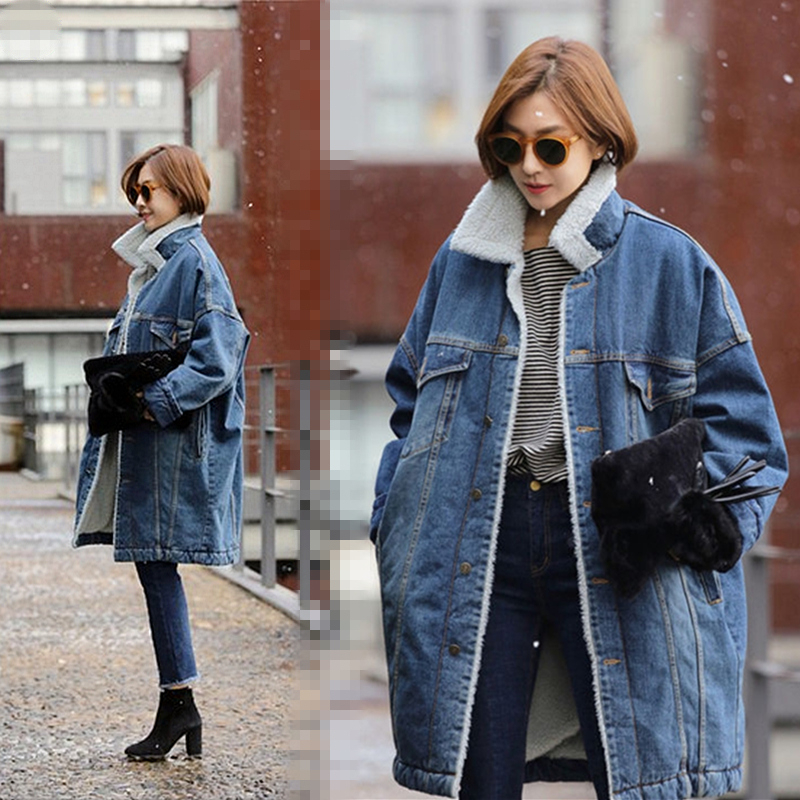 Denim jacket with fur for women long autumn winter fashion 2018 warm jeans jacket fur female ladies faux coat KK2668 X