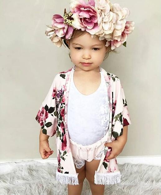 

Xmas Little Girls full flower print fringe shawl Baby ins Spring Summer outwear fashion black & pink tassel floral print Cardigan BY0088, As photo