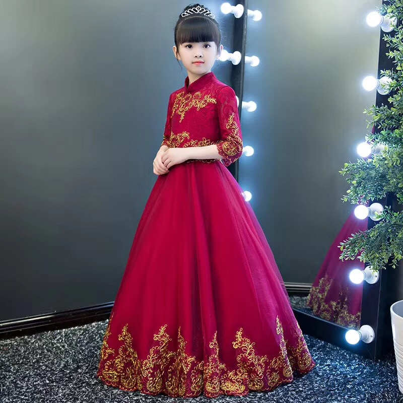 

2018 Burgundy Short/Long A Line Flower Girls Dresses Gold Lace Applique Long Sleeves Girls Pageant Gown With Free Crown, Ivory
