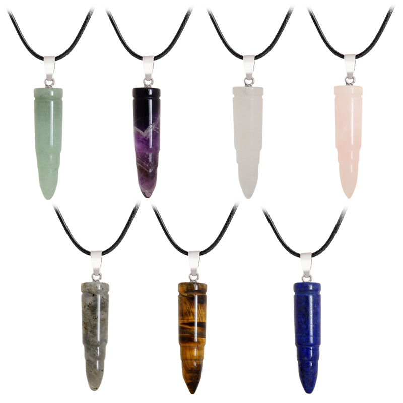 

Bullet Necklace Natural Stone Pendants Rose Quartz Healing Crystals Necklaces Women Luxury Jewelry Vintage Stone Bullet Crystal Necklace, Silver