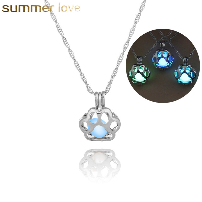 

Glow In The Dark Necklace Metal Pet Cat Silver Chain Necklaces For Woman Animal Hollow Pendant Night luminous Light Necklace