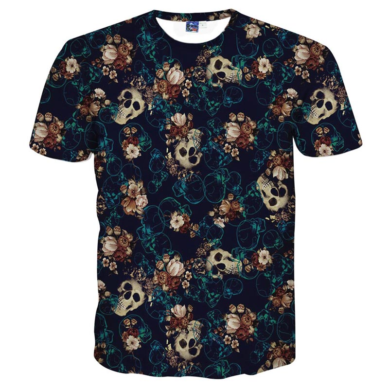 

Mr .1991inc Skulls Fashion T -Shirt Men'S 3d Tshirt Short Sleeve Shirt Funny Print Many Skull Flowers Asia Size M to 4XL