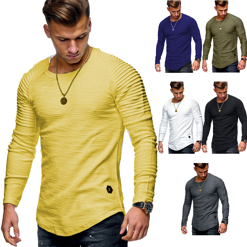 

Fashion Spring Fall Men's Long Sleeve T Shirt Tide Wrinkled Shoulder Design Crew Neck Long-sleeved T-shirt Solid, Black