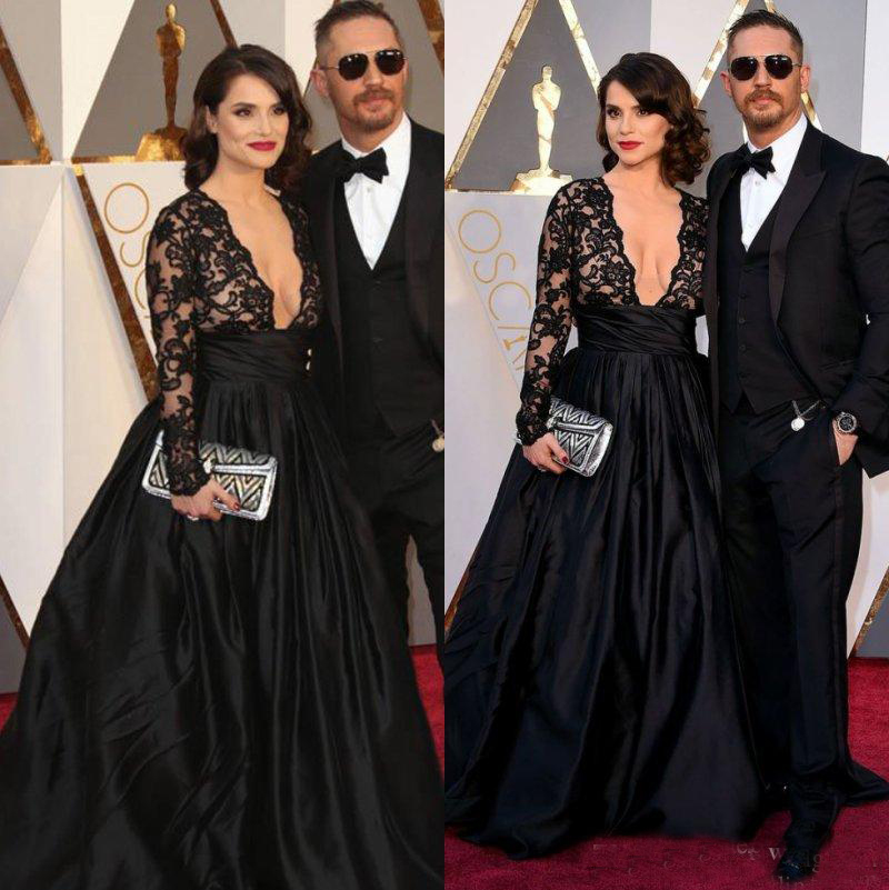 

Sexy Red Capet Black Plunging Neckline Evening Dresses Long Sleeves Lace Top Satin A Line Formal Party Gowns Prom Dress, Burgundy