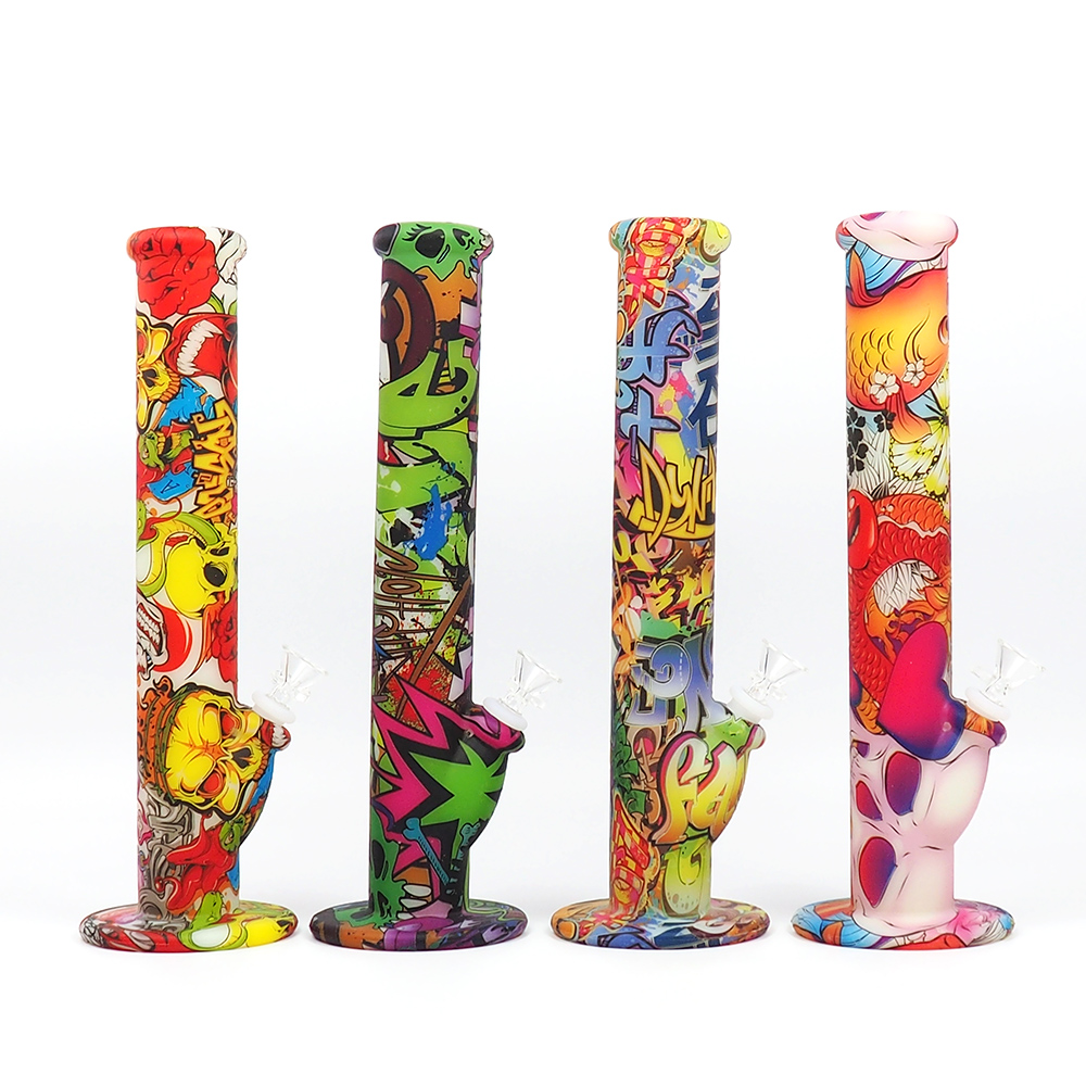 

14'' straight printing Colorful Silicone Bongs Smoking Glass Water Pipe Portable Hookah With Glass Bowl Dry Herb Wax Vaporizer