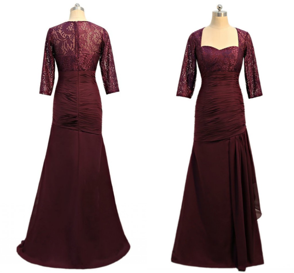 

Hot Sale Wine Red Lace Mermaid Mother of the Bride Groom Dresses With Illusion Lace Sleeves Chiffon Pleated Hollow Back Wedding Guest Dress