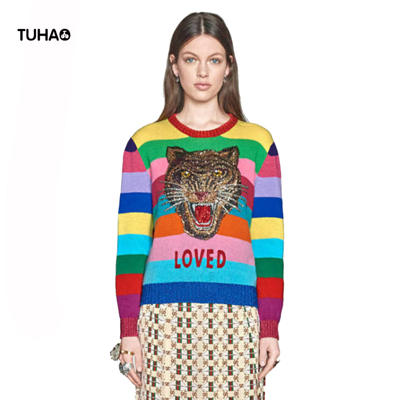 TUHAO Sequined Tiger Sweaters Women Rainbow Color Striped Pullovers Slim Fit Fashion Streetwear Pull Femme TG5224 S18100803
