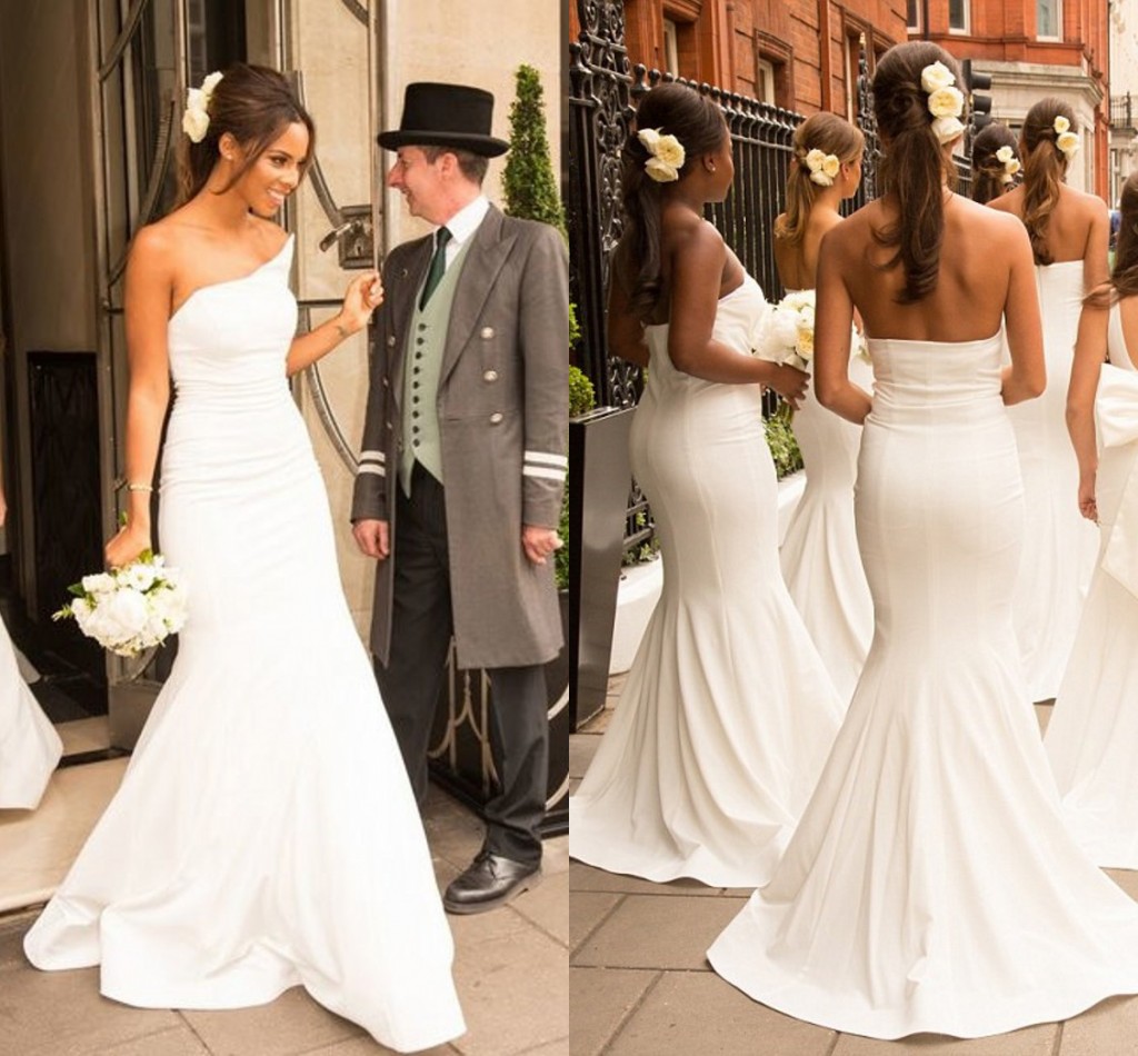 

Ivory Satin Mermaid Bridesmaid Dresses 2018 Strapless Backless African Bridesmaid Gowns Wedding Party Dresses Sweep Train