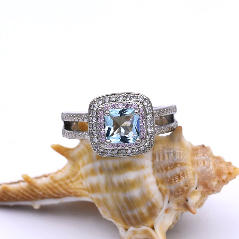 

Simple Square Blue Crystal Zircon Women Ring Trendy Elegant Wedding Rings inlaid Pink Zircon Jewelry anel feminino Wholesale