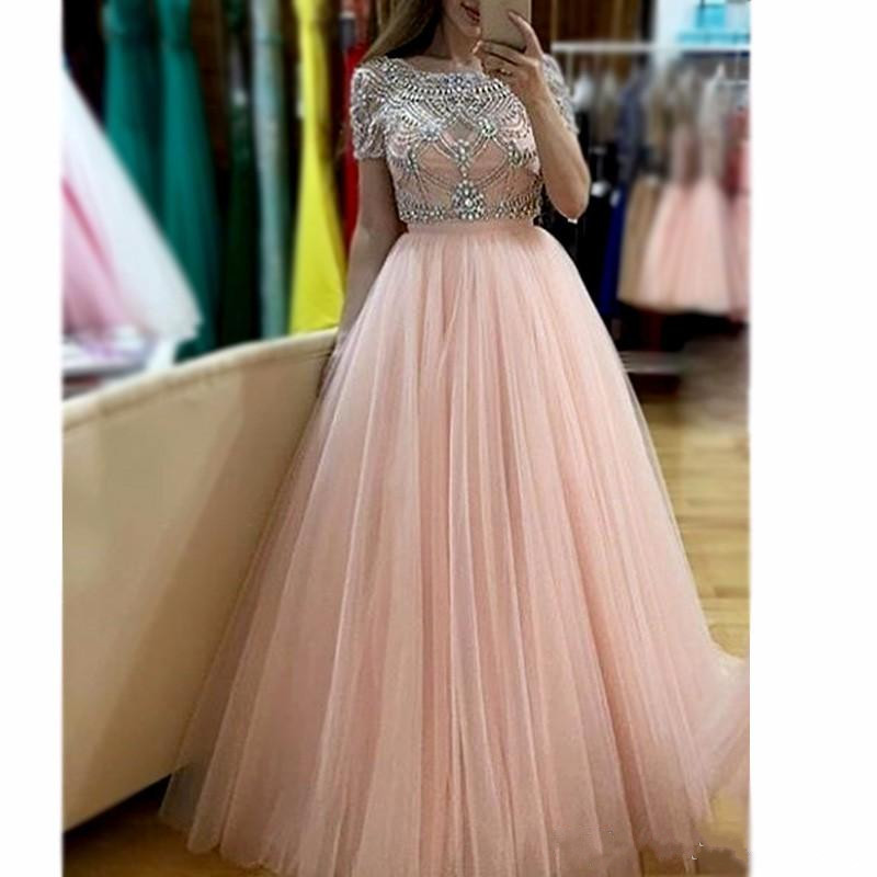 

Shiny Crystal Beaded Evening Dresses Blush Pink Short Sleeves Backless Prom Dress Floor Length A-line Soft Tulle Evening Party Gowns, Royal blue