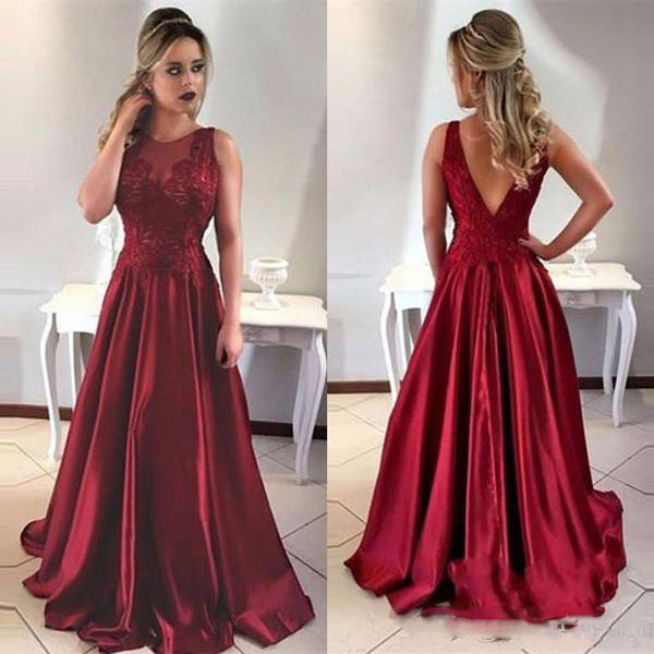 

2018 Red Evening Dress Simple Prom Dresses A Line Jewel Sleeveless Sweep Train Evening Gowns With Lace Satin Backless Party Gowns, Gray