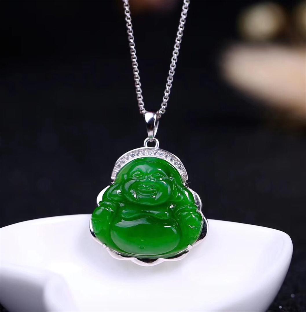 Classic New S925 with Certificate Sterling Silver Natural Chinese Hetian Green Jade Women Jasper Pendant Buddha necklace