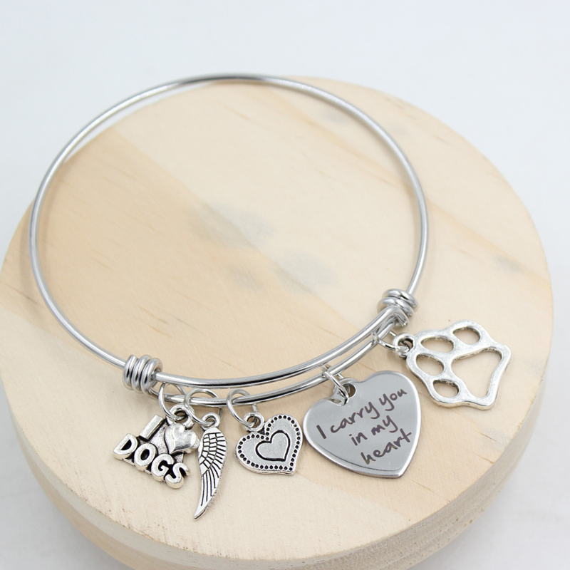 En gros Nouvelle Arrivée En Acier Inoxydable Fil Bracelet Réglable Bracelet Animail Patte Imprimer Pet Chien Memorial Bracelet Bracelet Femmes Bi