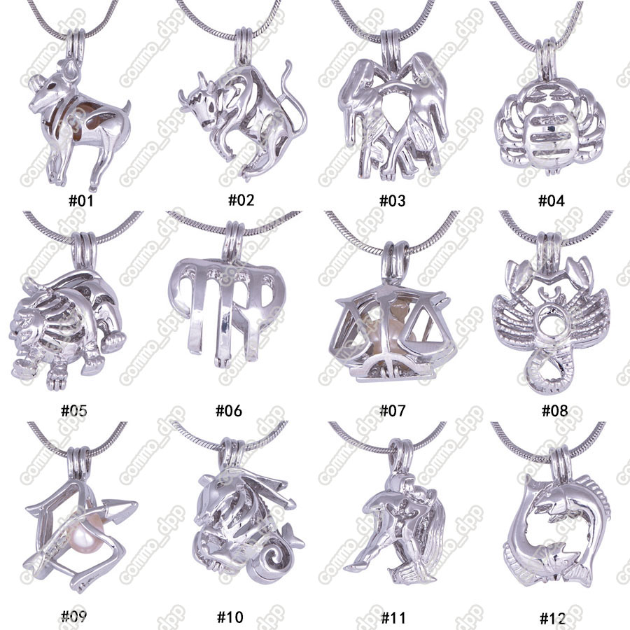 

12 Constellation Pearl cage locket Pendants without chain DIY Wish Love Pearl Necklace zodiac signs charm pendants mountings Jewelry Gift