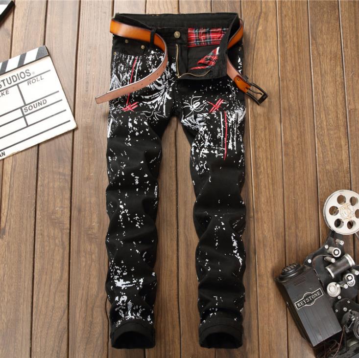

Wholesale-Newsosoo Men's Red Dragonfly Embroidered Jeans Black Skinny casual Graffiti printing Pants For Spring Autumn #8001