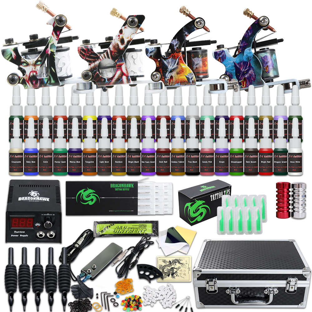 

Professional 4 Guns Tattoo Kit 40 Color Inks Power Supply 50 Needles Tips D120GD-16