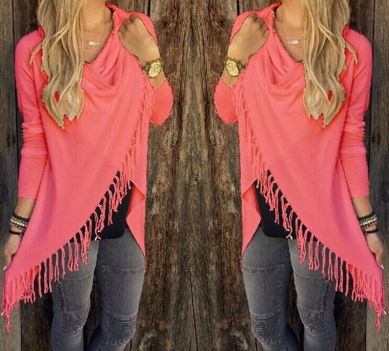 Women T-shirt Autumn Basic Oblique Tassel Clothing Outwear O-neck Solid Casual New Fashion Female Long Shirts