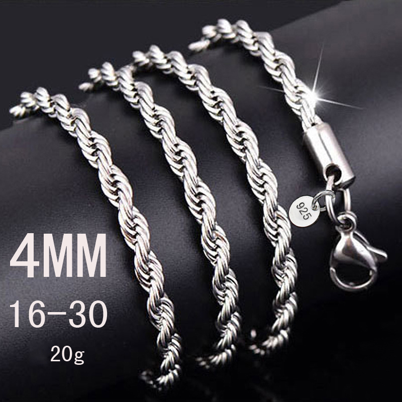 

4MM 925 Sterling silver twisted Rope chain 16-30inches Female Luxury High quality necklace For women&men Fashion Jewelry in bulk