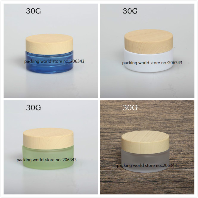 

30G frosted/green/blue glass jar wooden shape lid for day cream/night cream/moisturizer/essence/gel cosmetic packing
