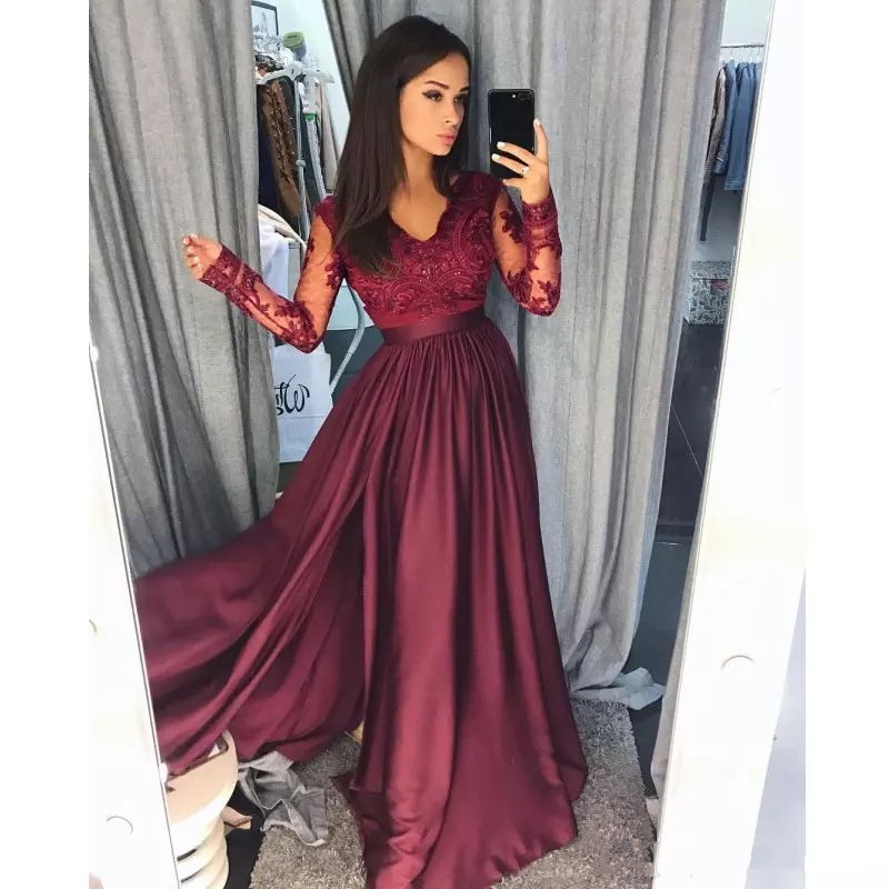 

Deep Grape Split Prom Dresses Sexy V-Neck Lace Applique Long Sleeve Evening Dresses Stylish Saudi Arabia A-Line Party Gown 2018 Prom Dress, Fuchsia