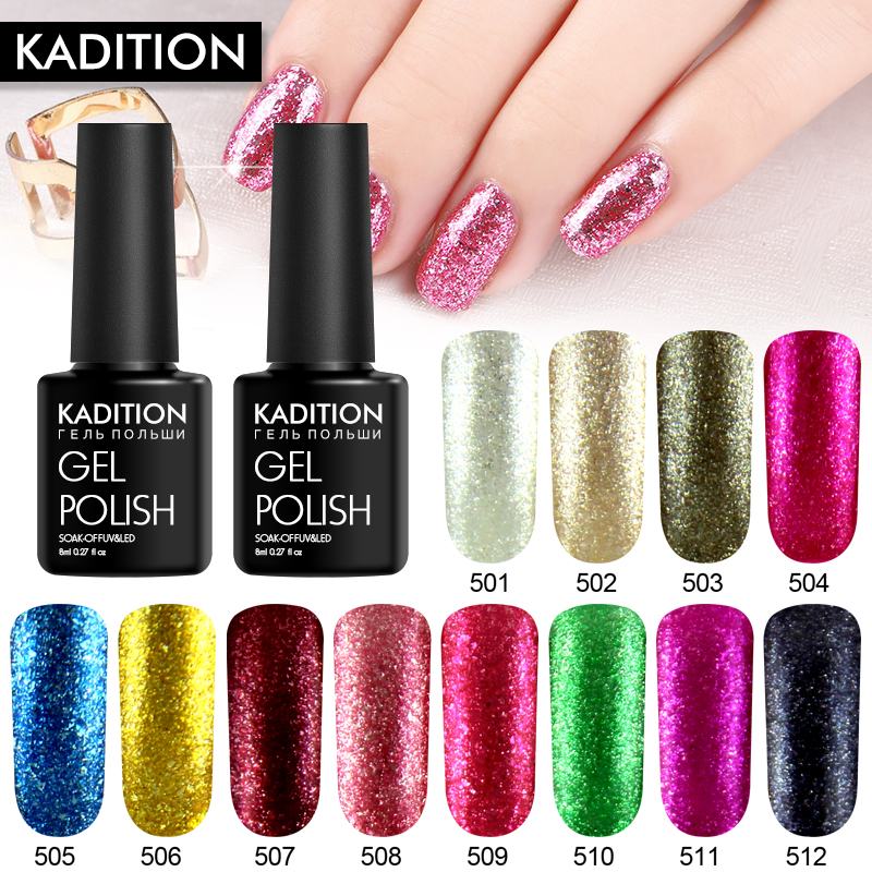

KADITION Lucky Paint Platinum Gold 12 Color Gel Nail Polish Glitter Sequins UV Soak Off Gel Varnish Soak Off Shining Lacquer, 62pink