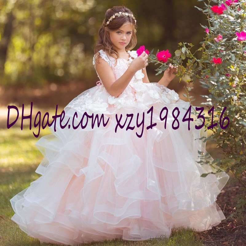 

Fashion Fluffy Girls Pageant Dress With Handmade-Flower Sleeveless Jewel Neck Lace Appliques Tullle Flower Girl Dresses Girls Birthday Dress, Blue