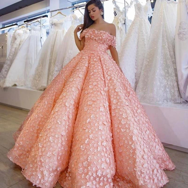 

Pink Full Petals Prom Dresses Sexy Off The Shoulder Fluffy Ruched Evening Gowns Saudi Arabic Floor Length Women Formal Party Dress Vestidos, Gold