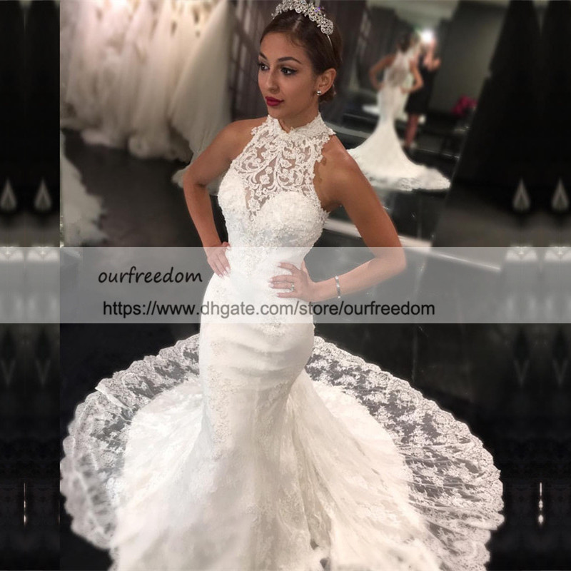 

2019 Elegant Sweep Train High Neck Bride Dress Retro Lace Sleeveless Mermaid Newest Wedding Dress Sweep Train Full Lace Boho Bridal Gown, White