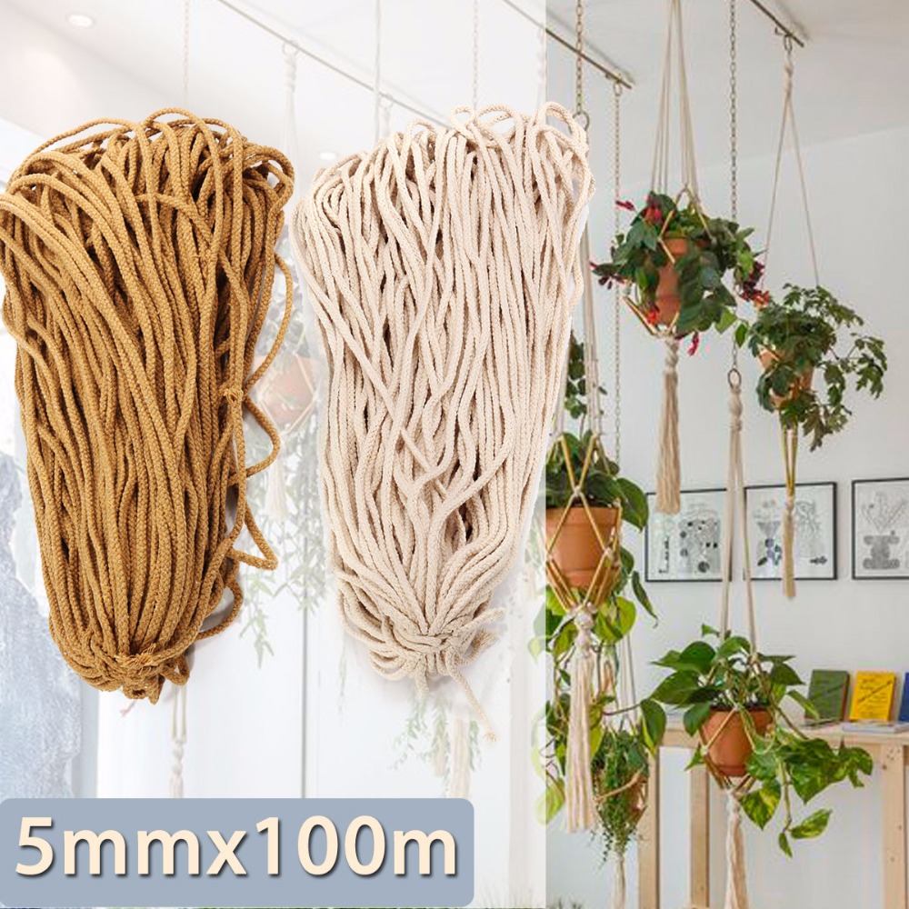 

5mm White Brown Braided Cotton Rope Twisted Cord Rope DIY Craft Macrame Woven String Home Textile Accessories Craft Gift, Beige 100m