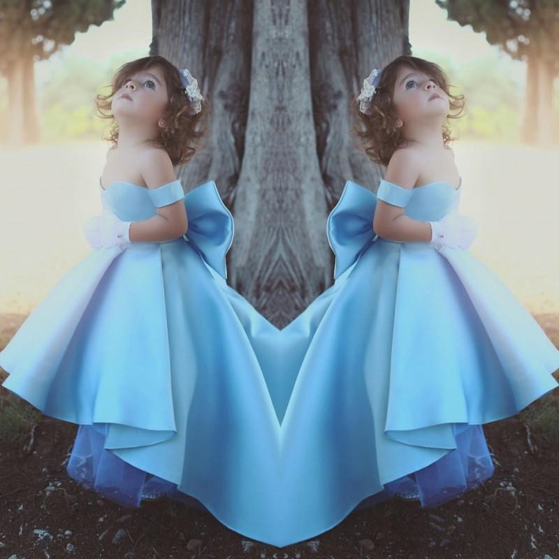 

Baby Blue Girls Pageant Gowns Off The Shoulder Satin High Low Flower Girl Dresses For Wedding Big Bow Children Birthday Party Dress4363, Hunter
