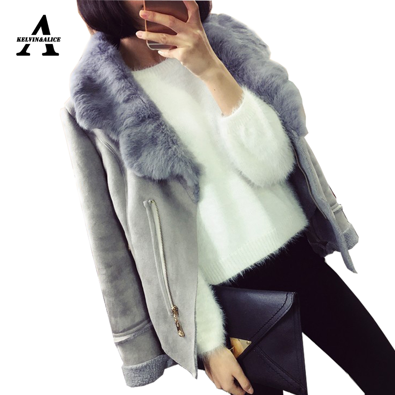 

2016 Winter Jacket Wone New Suede Lambs Wool Locomotive Real Fur Collar Long Sleeve Korean Style Warm Slim 3 Colors KATB1, Apricot