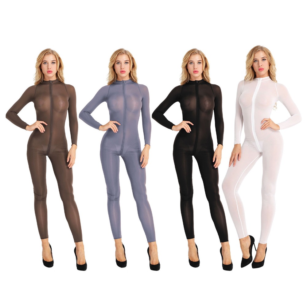 Women Sheer Opaque Stretchy Long Sleeve Shiny Jumpsuit Sheer Double Crotch Zipper Leotard Bodysuit Sexy Catsuit Costume-image-422042454