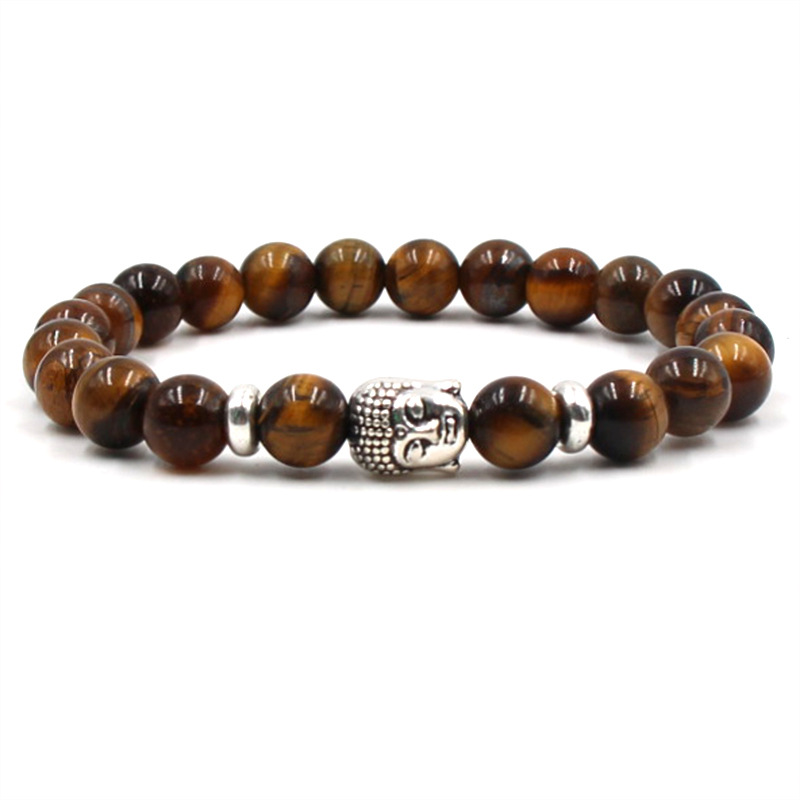 

Bracelet 8mm Beaded Strands Natural Stone Alloy Silver Buddha White Turquoise Tiger Eye Bracelets Men Women Yoga Bangles