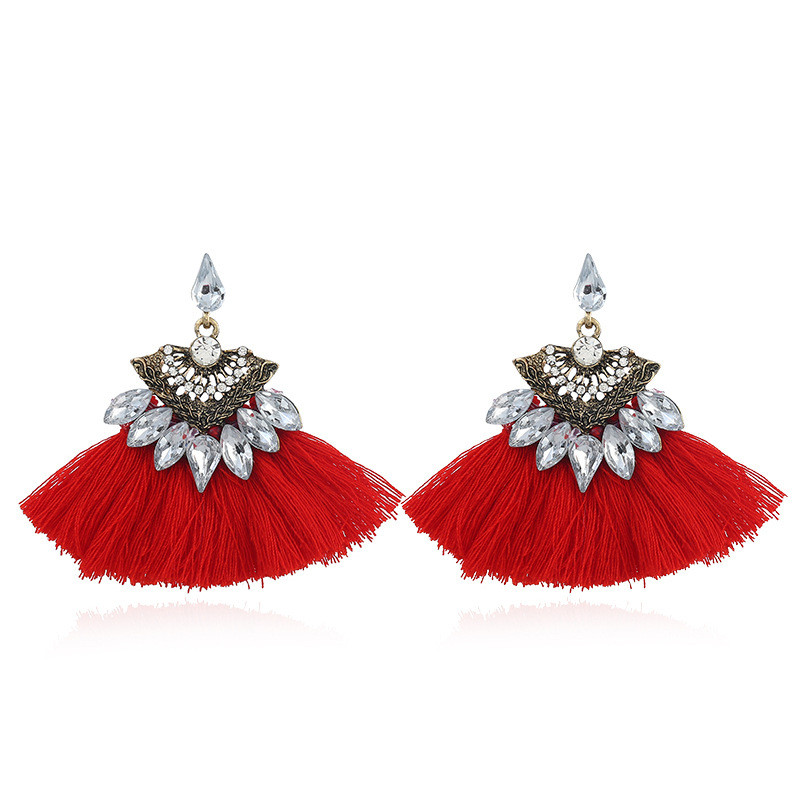 

Bohemia Dangle Drop Earrings For Women Fan Shaped Cotton Handmade Tassel Fringed Earrings With Gemstone Ethnic Jewelry LX