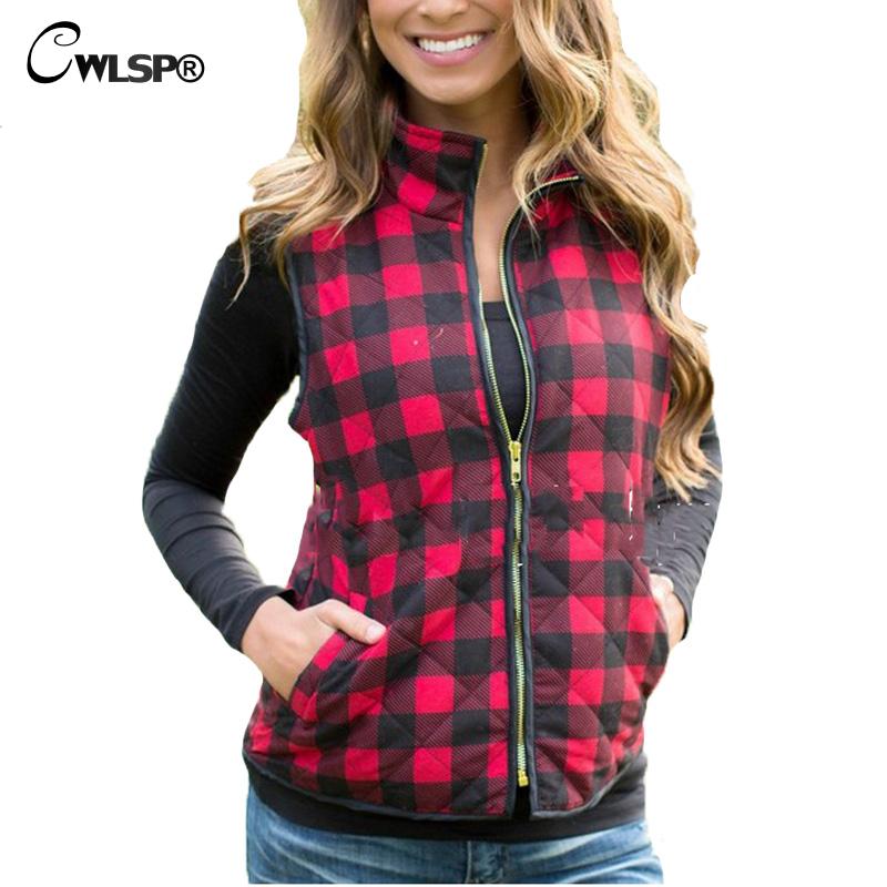 

CWLSP 2017 Slim Women Red Plaid Vest Zipper Pockets Wild Fashion Top Quality Spring&Autumn Women Waistcoat Sleeveless Jacket