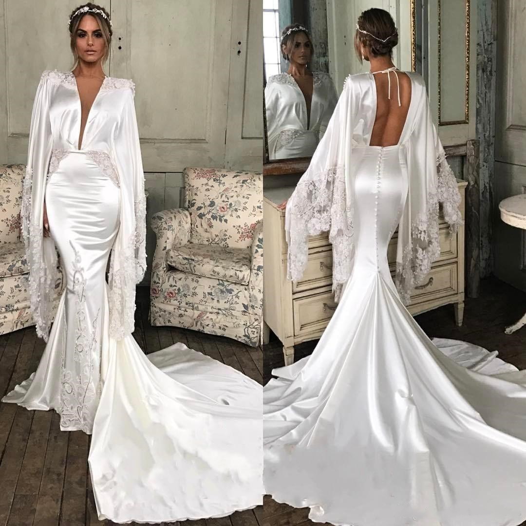 

Chic White Mermaid Wedding Dresses 2018 Arabic Deep V-Neck Long Sleeve Heavily Embellishment Court Train for Wedding Party Bridal Gowns, Red