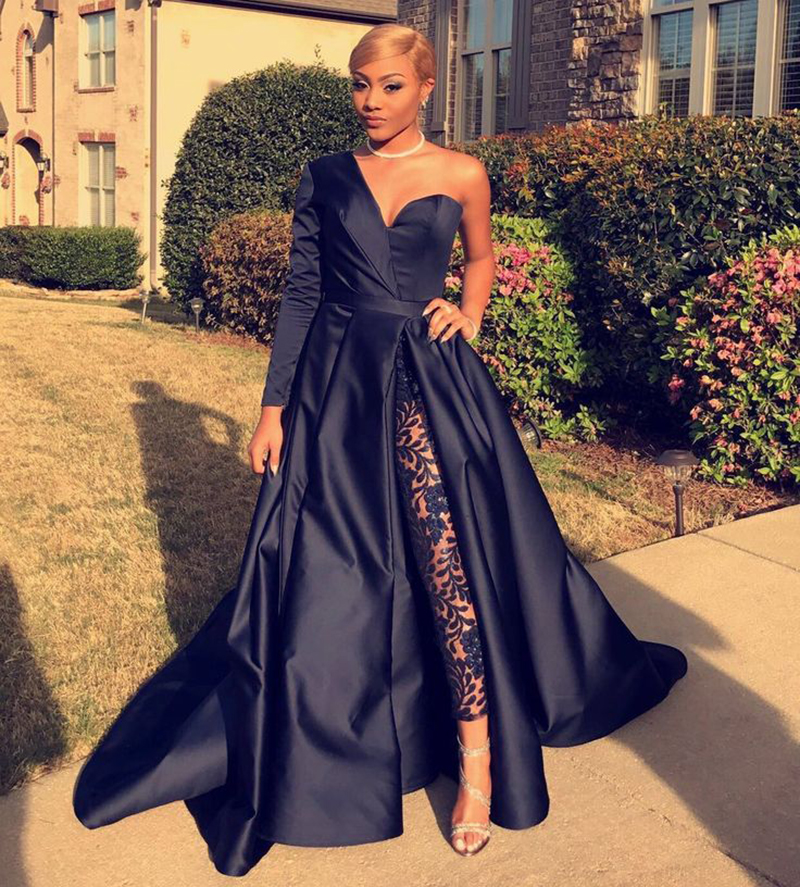 Saudi Arabic Dresses Evening Wear A Line One Shoulder High Side Split Satin Floor Length Long Sleeve Prom Dresses Formal Party Gowns ME079