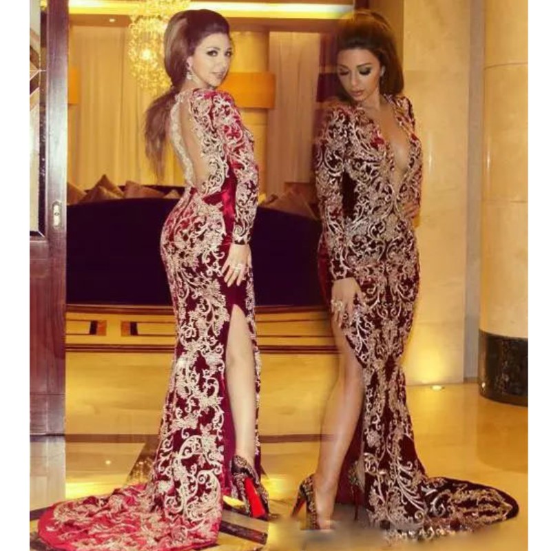 

Celebrity Myriam Fares Evening Dress Deep V-Neck Long Sleeves Side Split Satin Prom Dress Arabic Glamorous Lace Applique Mermaid Evening Gow, Dark navy