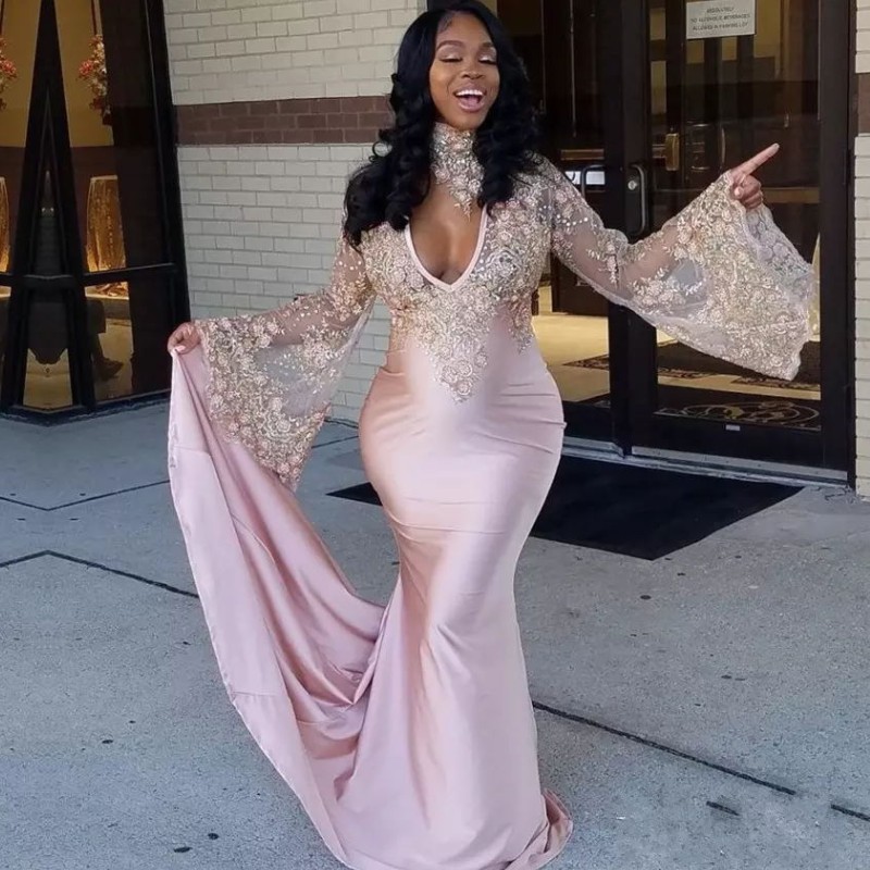 

2018 High Neck Arabic Mermaid Prom Dresses Appliques Long Sleeve Deep V-neck Satin Formal Evening Dresses Gowns Special Occasion Dresses, Orange